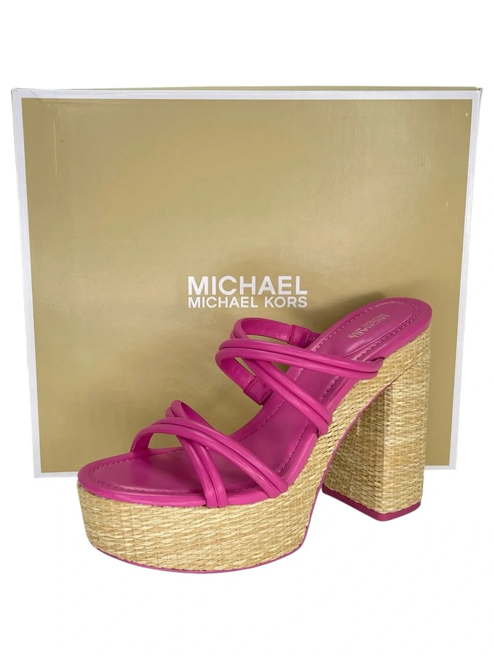 Michael Kors Corrine Pink Leather Raffia Womens Platform Sandals Size 11M